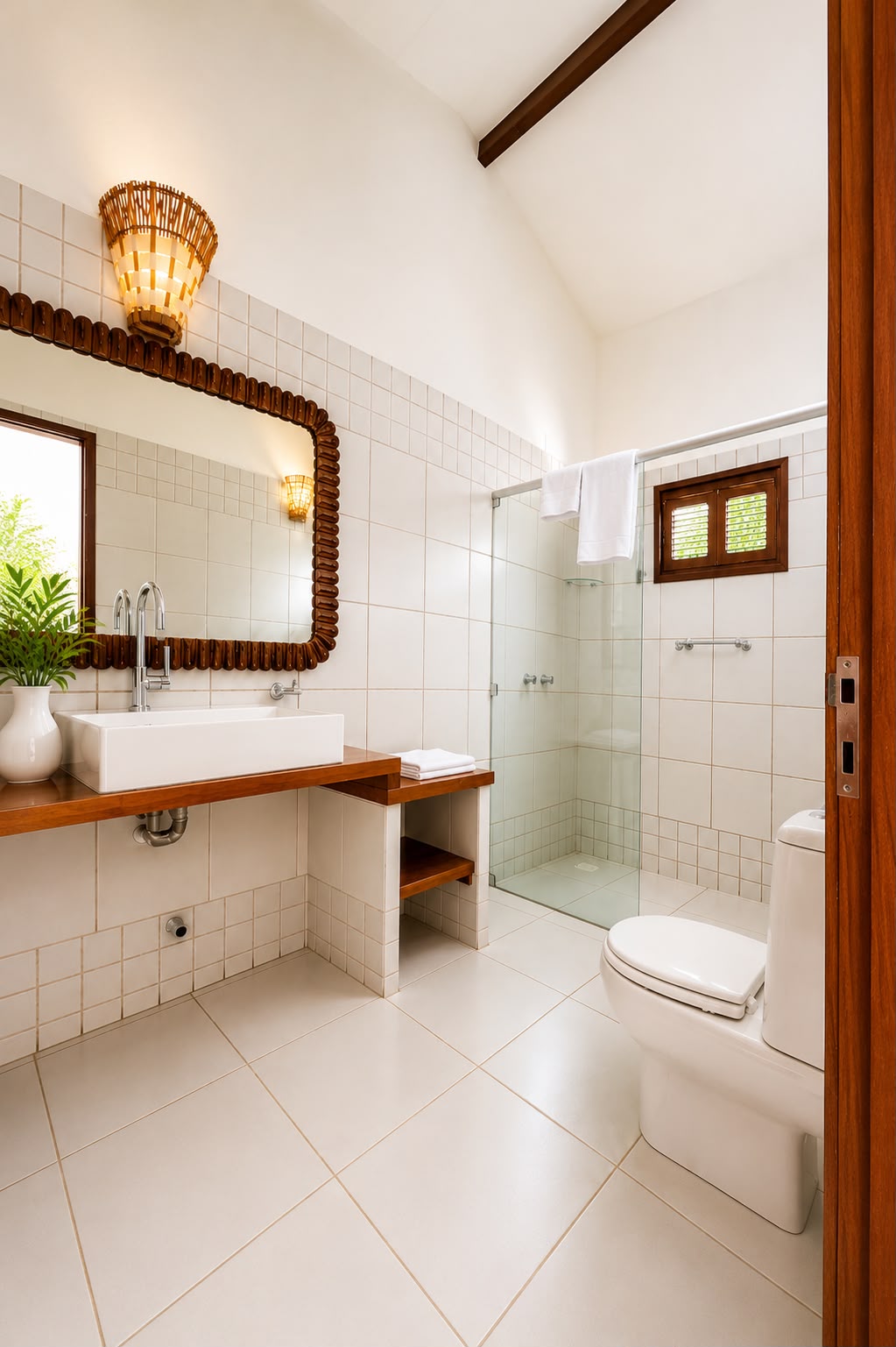 Suite bathroom with rattan light and wooden mirror