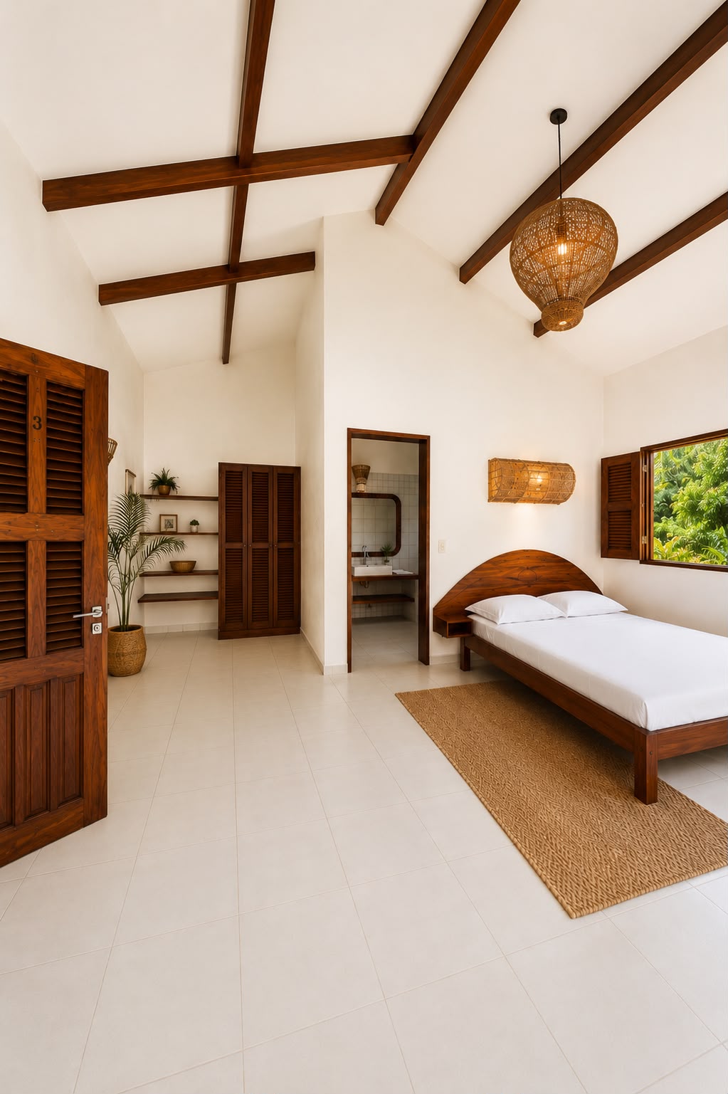 Suite interior with vaulted ceiling and handcrafted wood