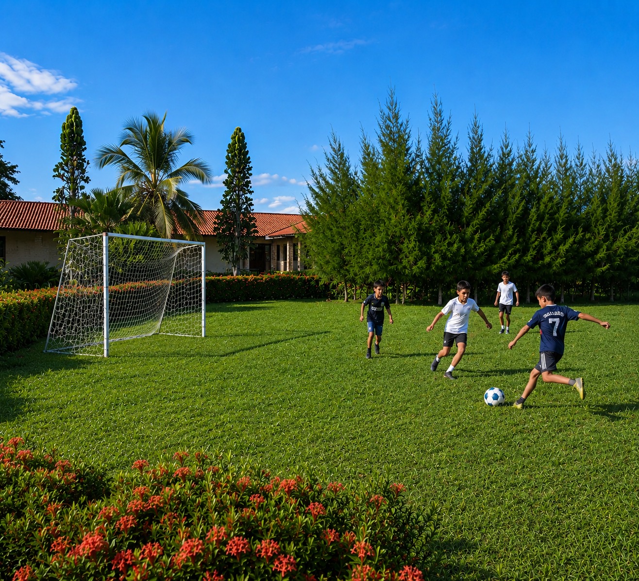Children playing football on the lawn at Beach Farm
