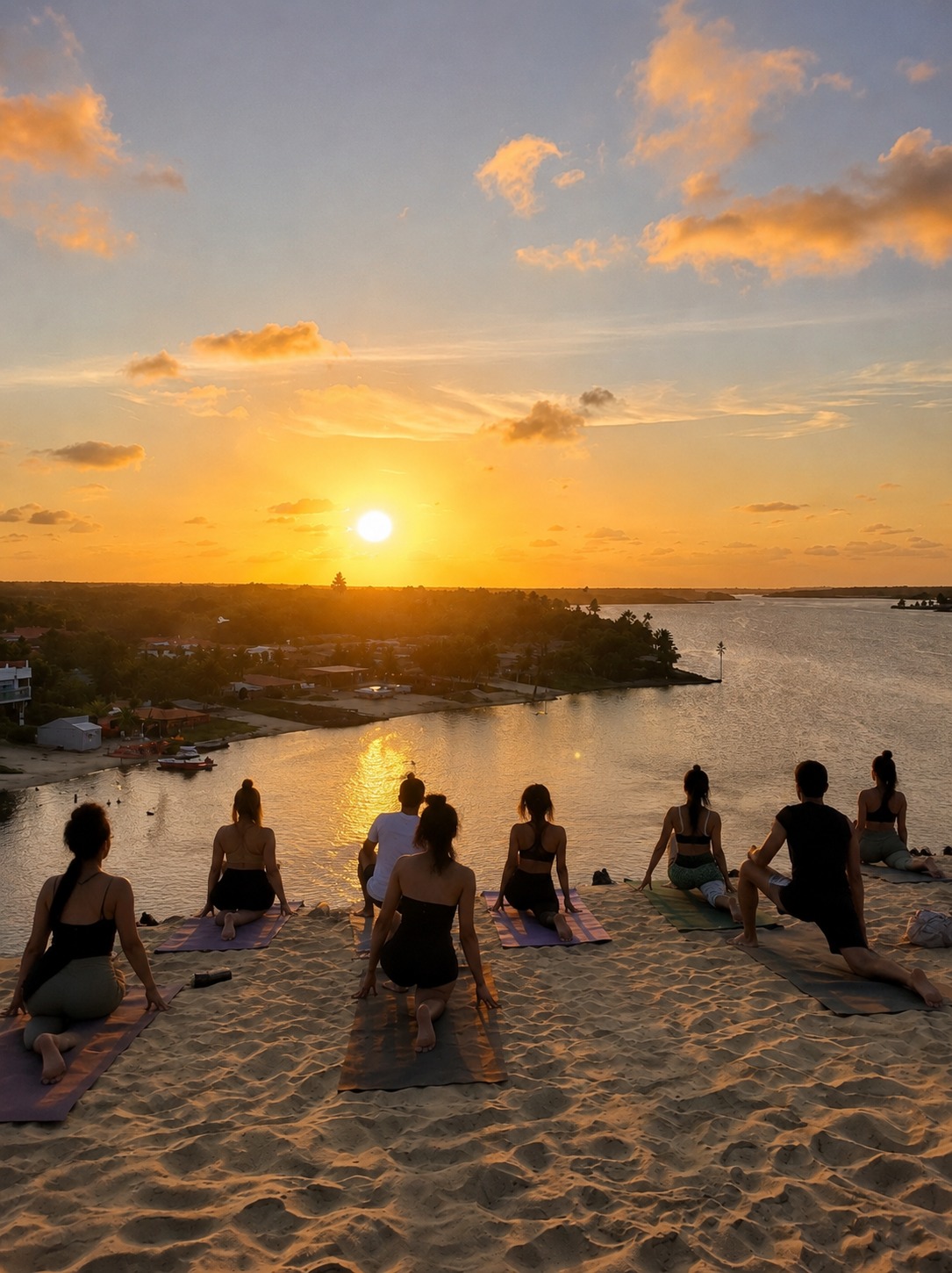 Yoga group practicing on the dunes at sunset
