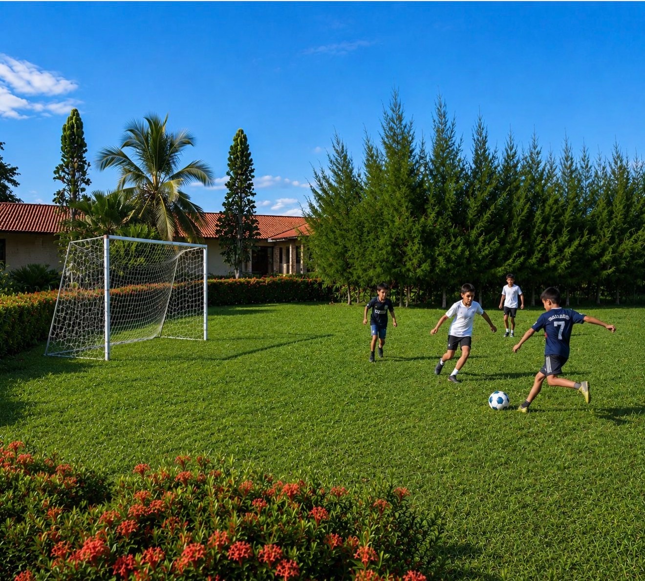 Children playing football on the estate's grass field