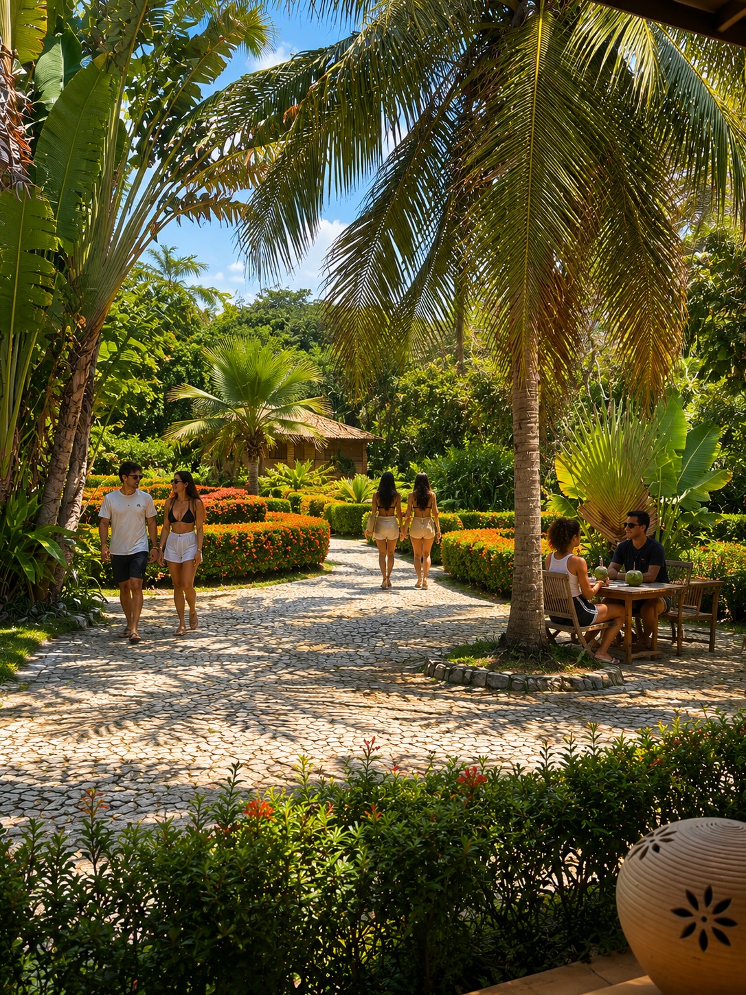 Guests walking through tropical gardens at Beach Farm