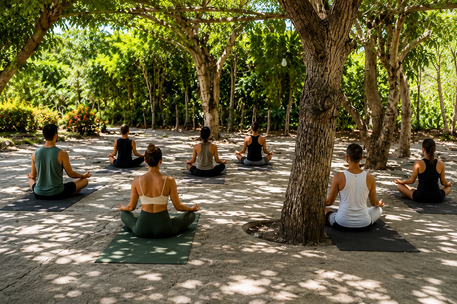Outdoor yoga practice under the trees